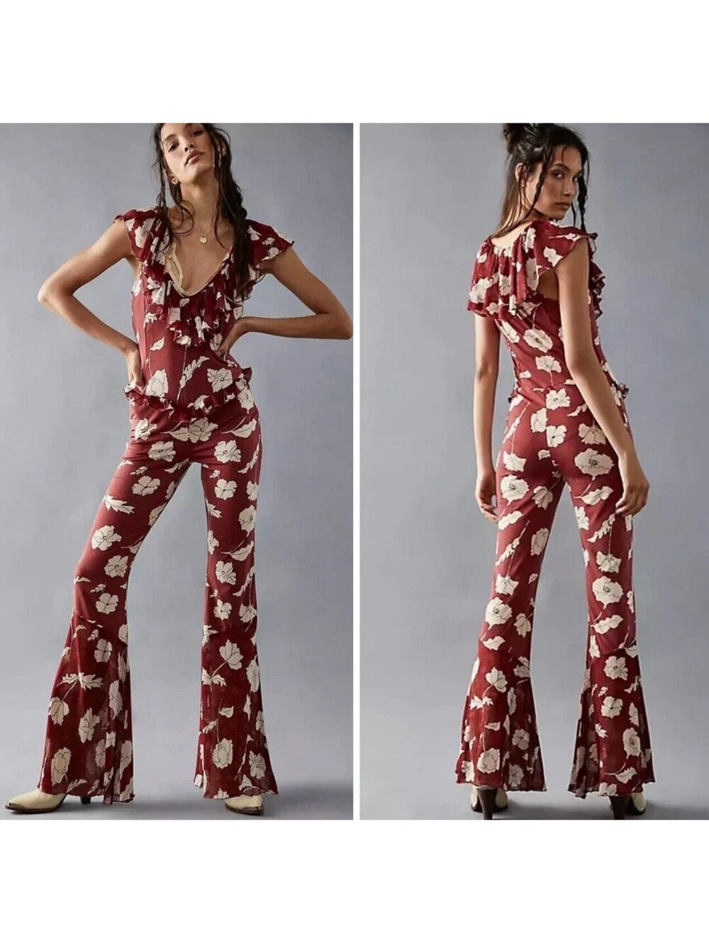 Free People Austyn Ruffle Flutter Sleeve Bootcut Floral Jumpsuit L Boho BrickRed